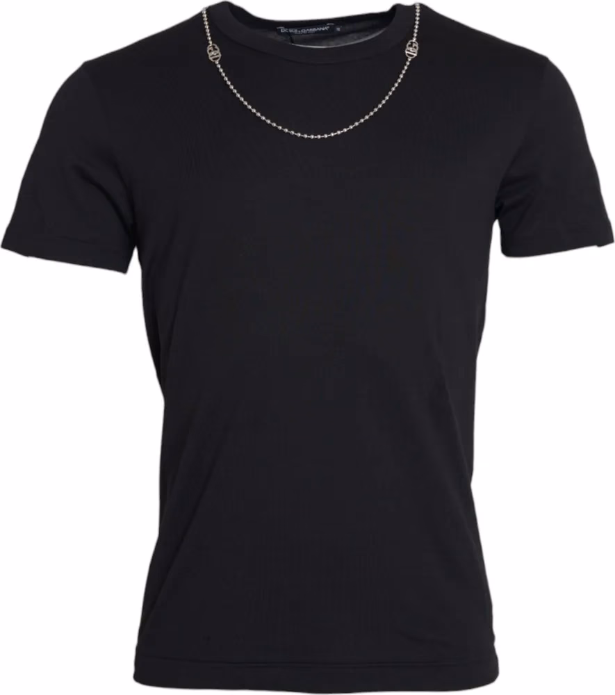 Dolce & Gabbana Black Cotton Silver Chain Short Sleeve T-shirt
