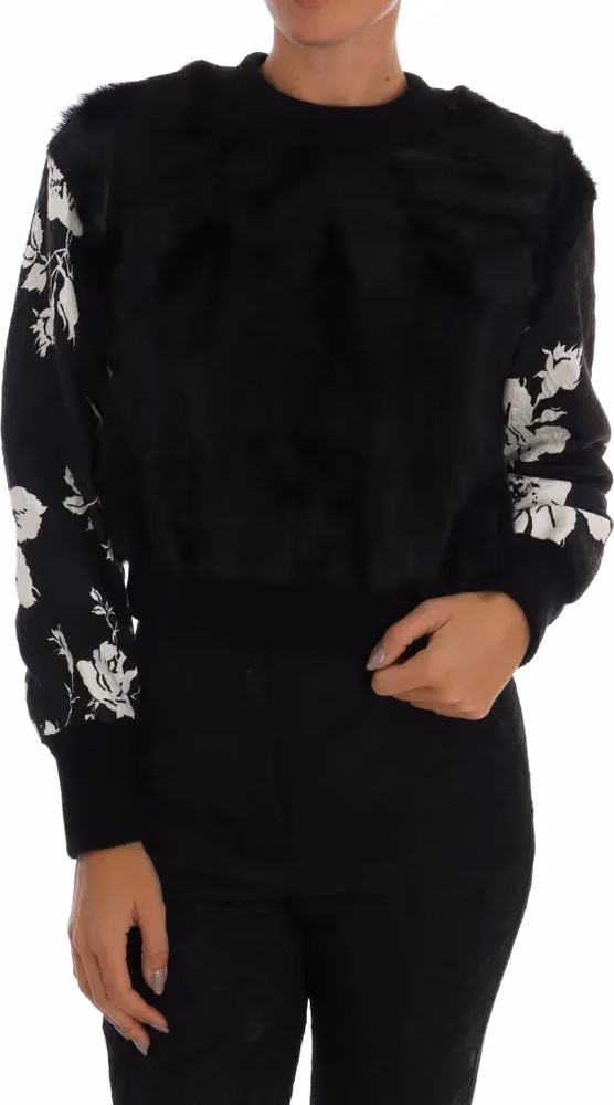 Dolce & Gabbana Black Fur Floral Brocade Zipper Sweater