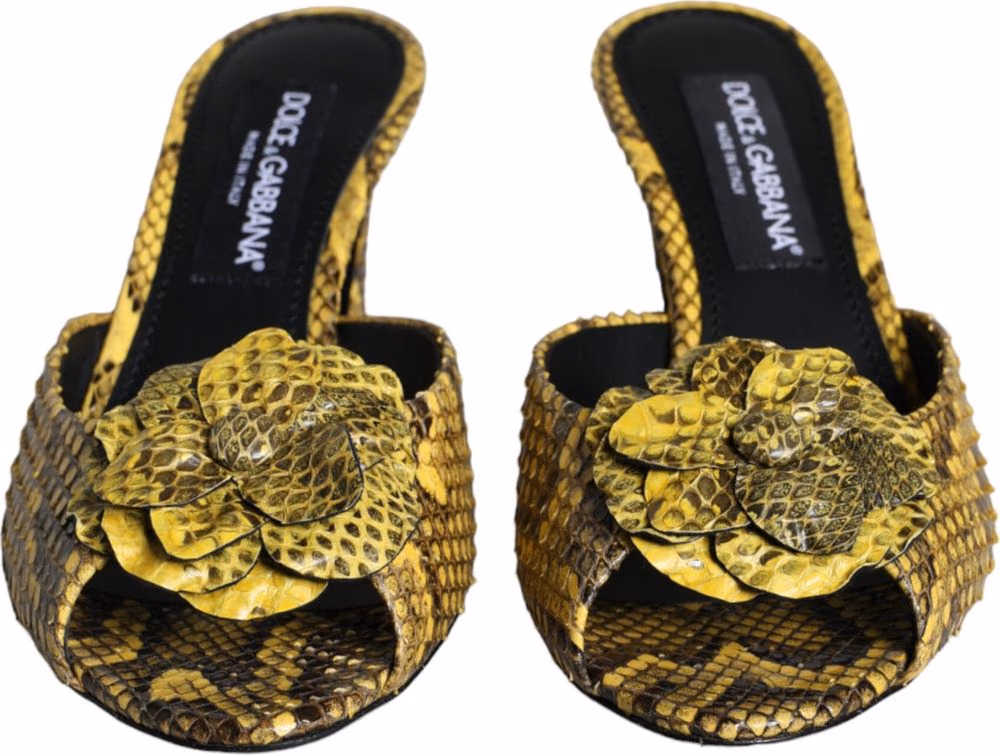 Dolce & Gabbana Yellow Leather Block Heels Slides Shoes