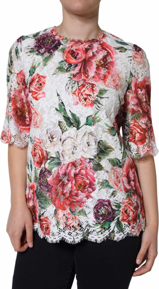 Dolce & Gabbana White Peony Lace Short Sleeves Blouse Top