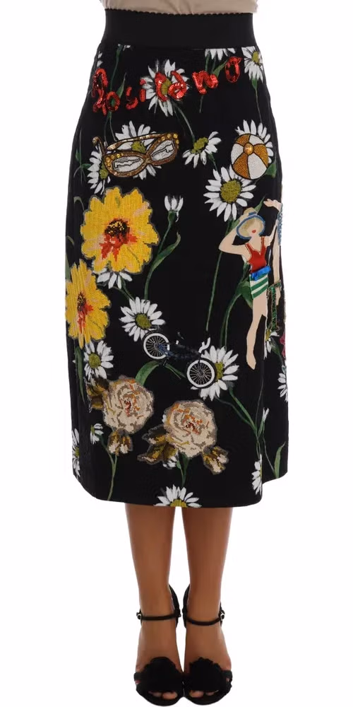 Dolce & Gabbana Black Embellished Daisy Brocade Skirt