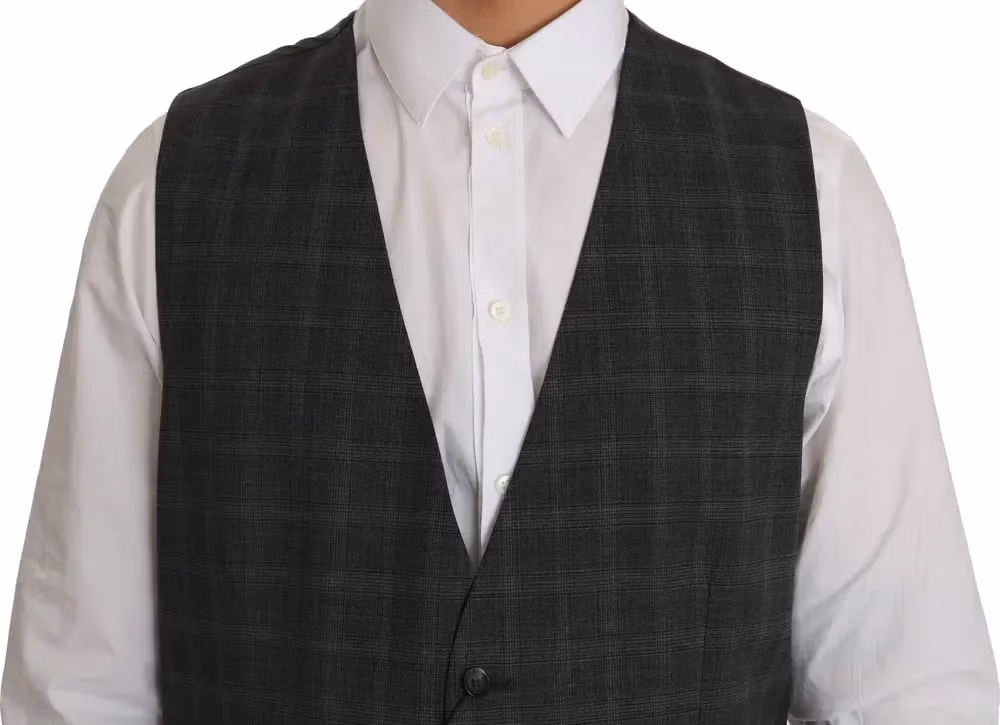Dolce & Gabbana Gray Wool STAFF Checkered Stretch Vest