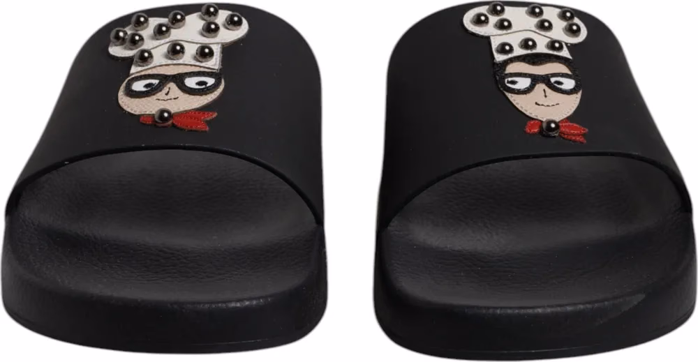 Dolce & Gabbana Black Leather Slides Sandals Beachwear Shoes