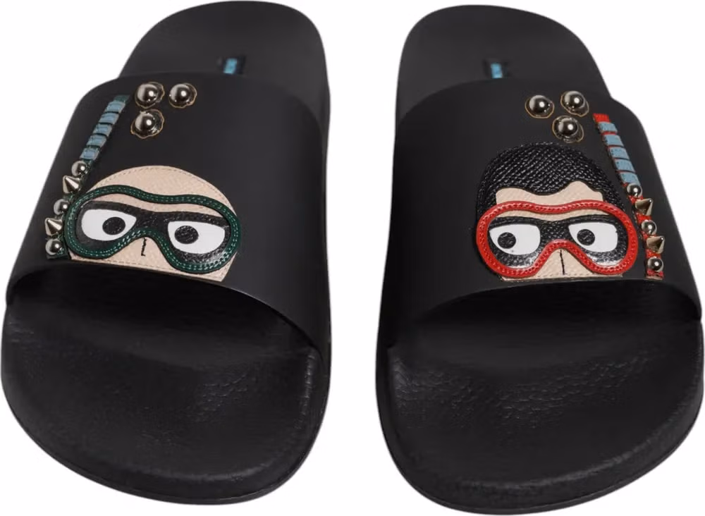 Dolce & Gabbana Black Divers Leather Flats Slides Sandals Beachwear Shoes