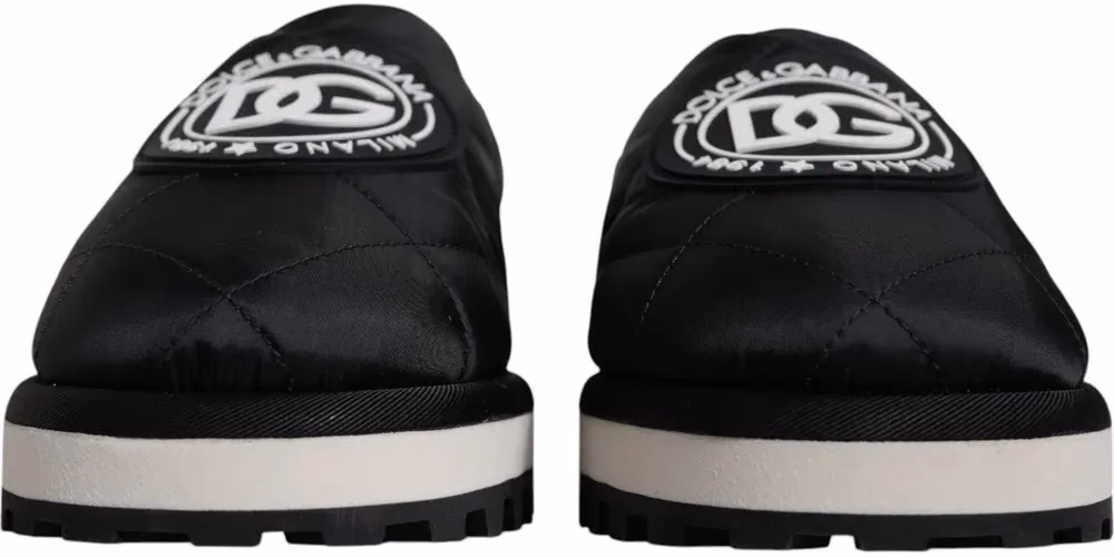 Dolce & Gabbana Black Nylon Quilted Logo Patch Sandals Slides Shoes