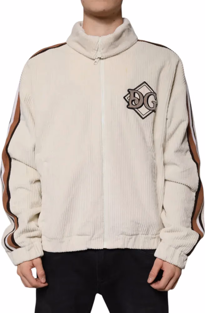 Dolce & Gabbana Beige Logo Applique Cotton Corduroy Full Zip Jacket