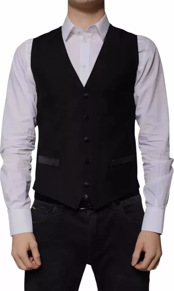 Dolce & Gabbana Black Wool Formal Dress Men Waistcoat Vest