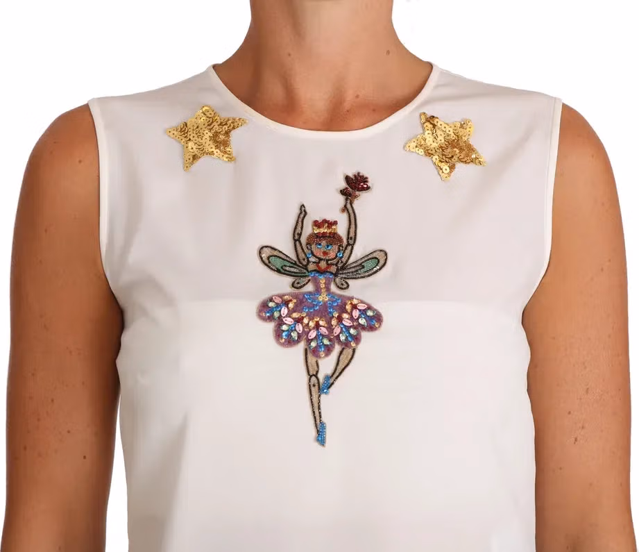 Dolce & Gabbana White Silk Embellished Crystal Sequin Fairy Top