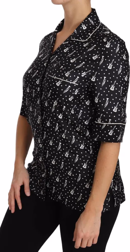 Dolce & Gabbana Black GuitarTrumpet Print Silk Shirt Top