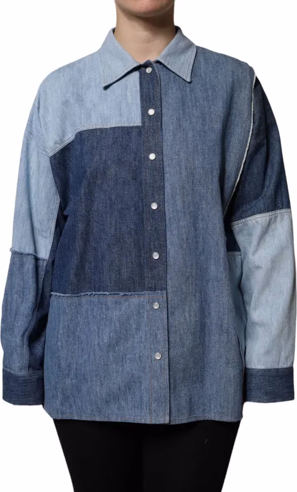 Dolce & Gabbana Blue Cotton Button Up Collared Long Sleeve Top