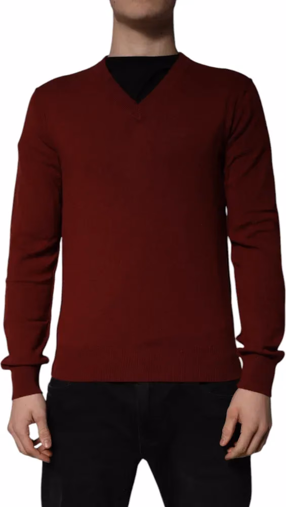 Dolce & Gabbana Maroon Cashmere V-neck Men Pullover Sweater