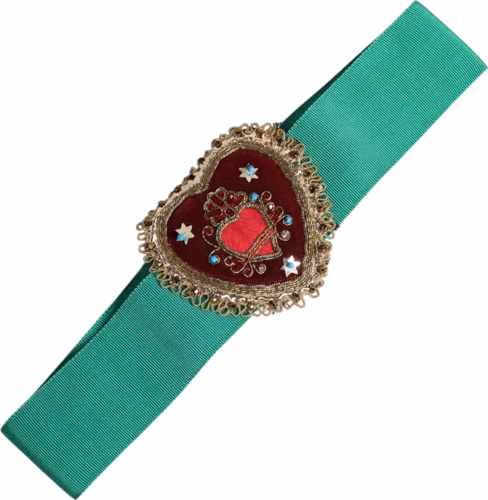 Dolce & Gabbana Green Stretch Wide Waist Heart Embellished Belt
