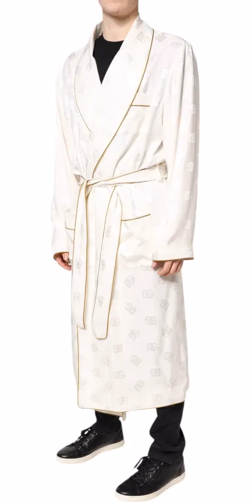 Dolce & Gabbana Ivory Silk Logo Men Wrap Robe Coat Jacket