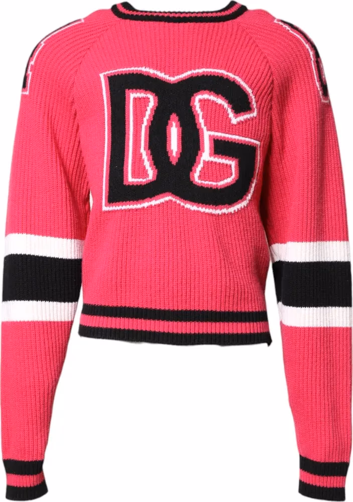 Dolce & Gabbana Pink Cotton Logo Print Knit Pullover Sweater