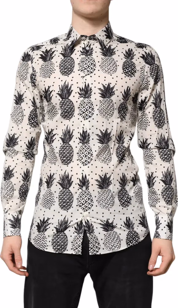 Dolce & Gabbana White Pineapple Print Long Sleeve GOLD Shirt