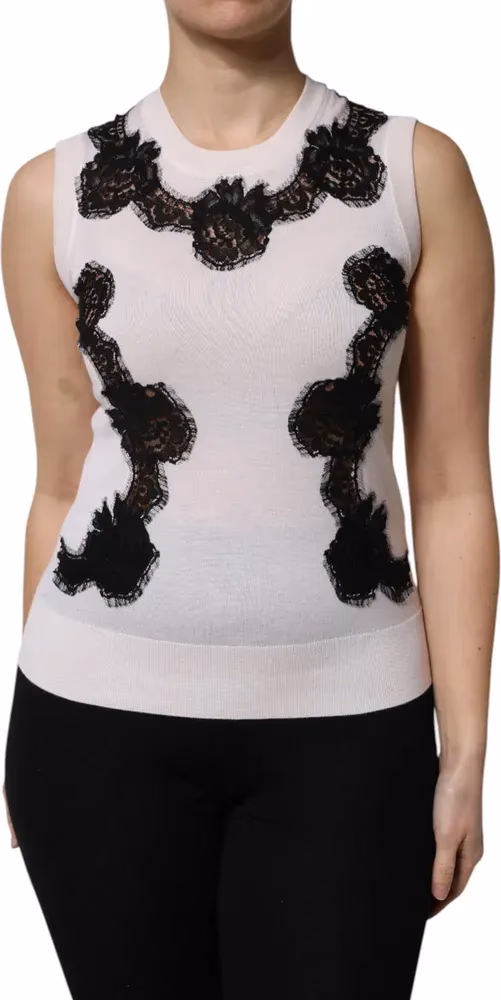 Dolce & Gabbana White Cashmere Floral Lace Detailing Tank Top