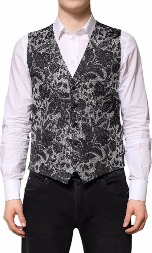 Dolce & Gabbana Black Gray Brocade Formal Men Waistcoat Vest