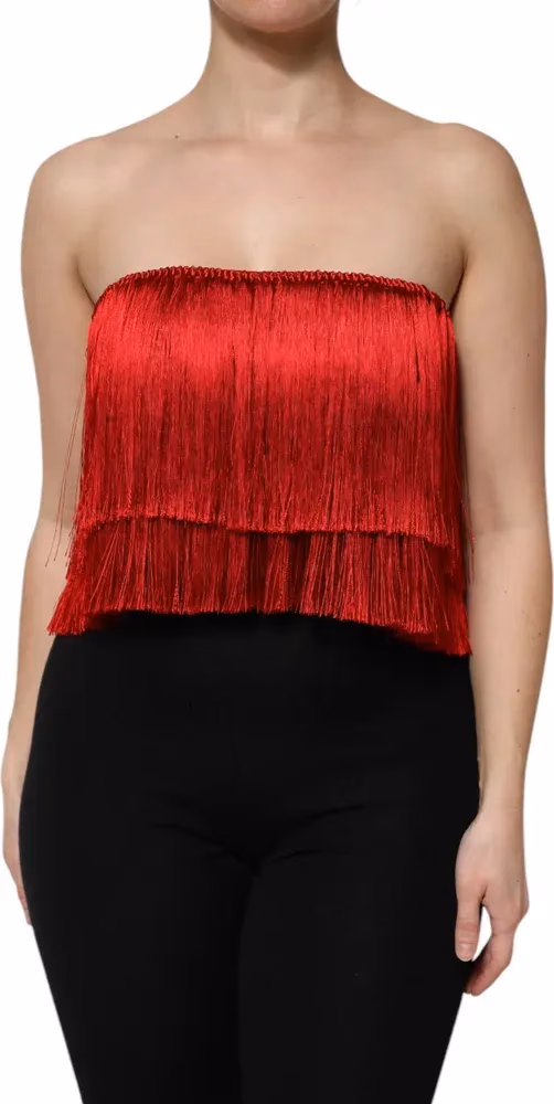 Dolce & Gabbana Red Silk Strapless Fringe Crop Tube Top