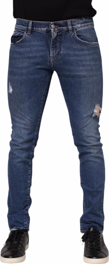 Dolce & Gabbana Blue Cotton Logo Plaque Skinny Men Denim Jeans