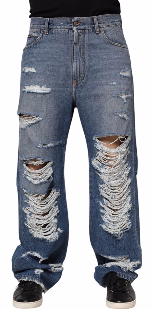 Dolce & Gabbana Blue Tattered Cotton Logo Plaque Denim Jeans