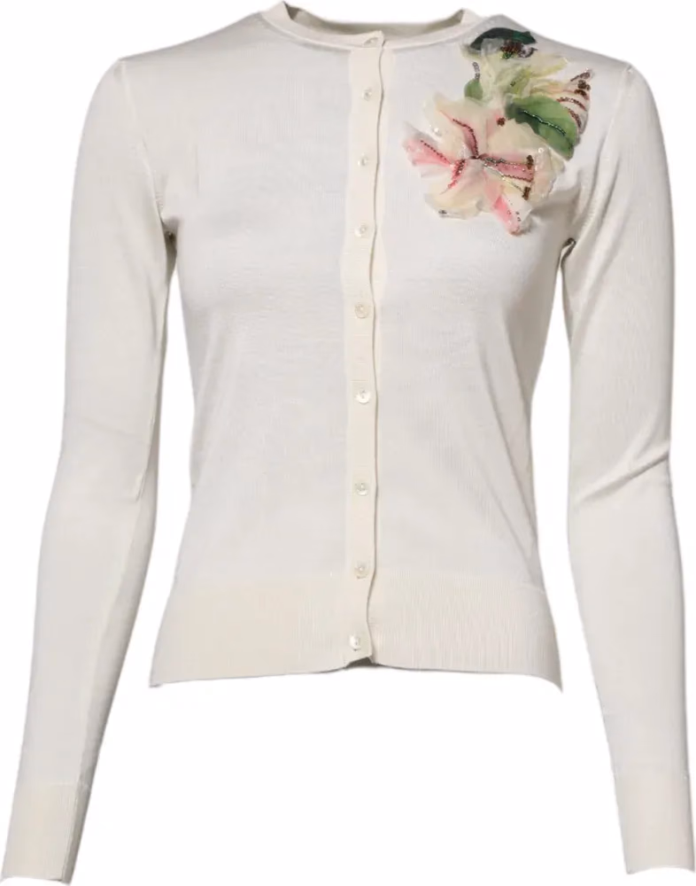 Dolce & Gabbana White Silk Lily Buttoned Cardigan Sweater