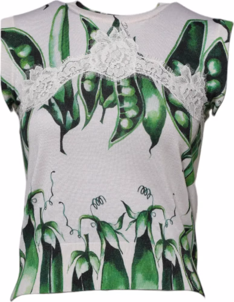 Dolce & Gabbana White Green Pea Print Sleeveless Blouse Top