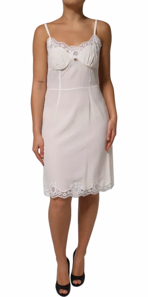Dolce & Gabbana White Lace Gold DG Logo Silk Dress Sleepwear
