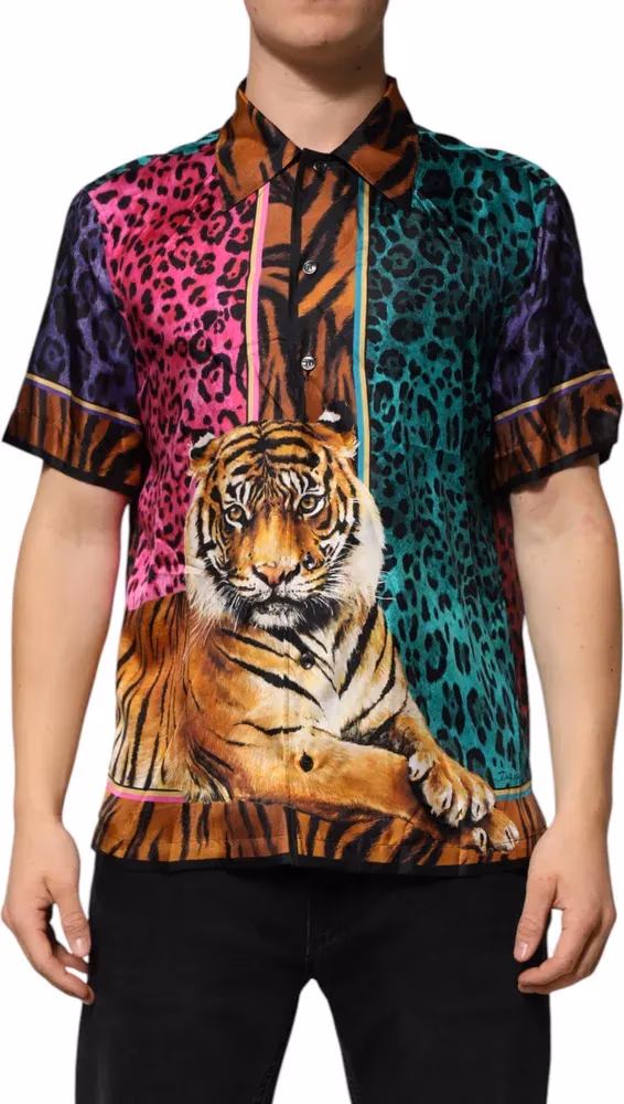 Dolce & Gabbana Multicolor Silk Tiger Print Hawaiian T-shirt