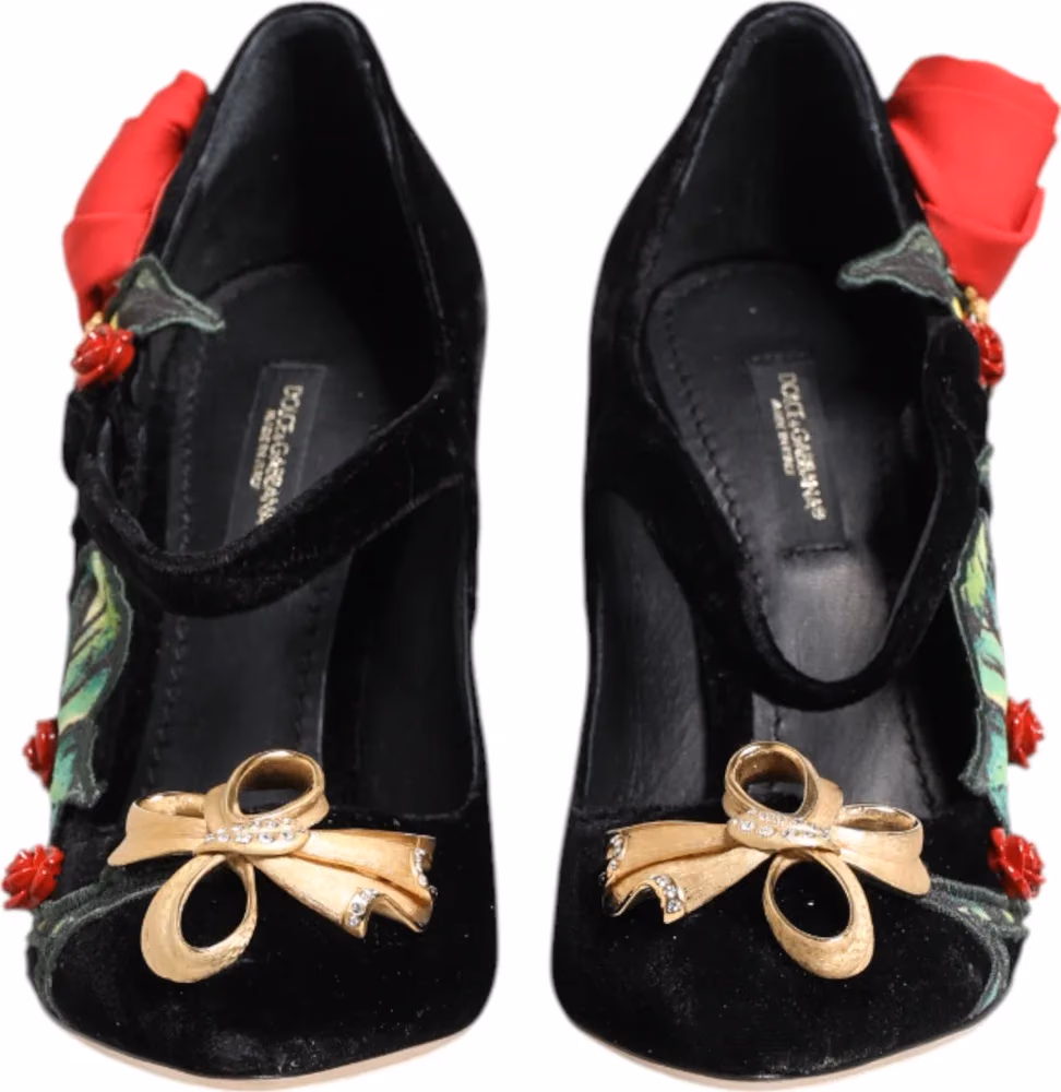 Dolce & Gabbana Black Roses Crystal Brooch Mary Jane Shoes