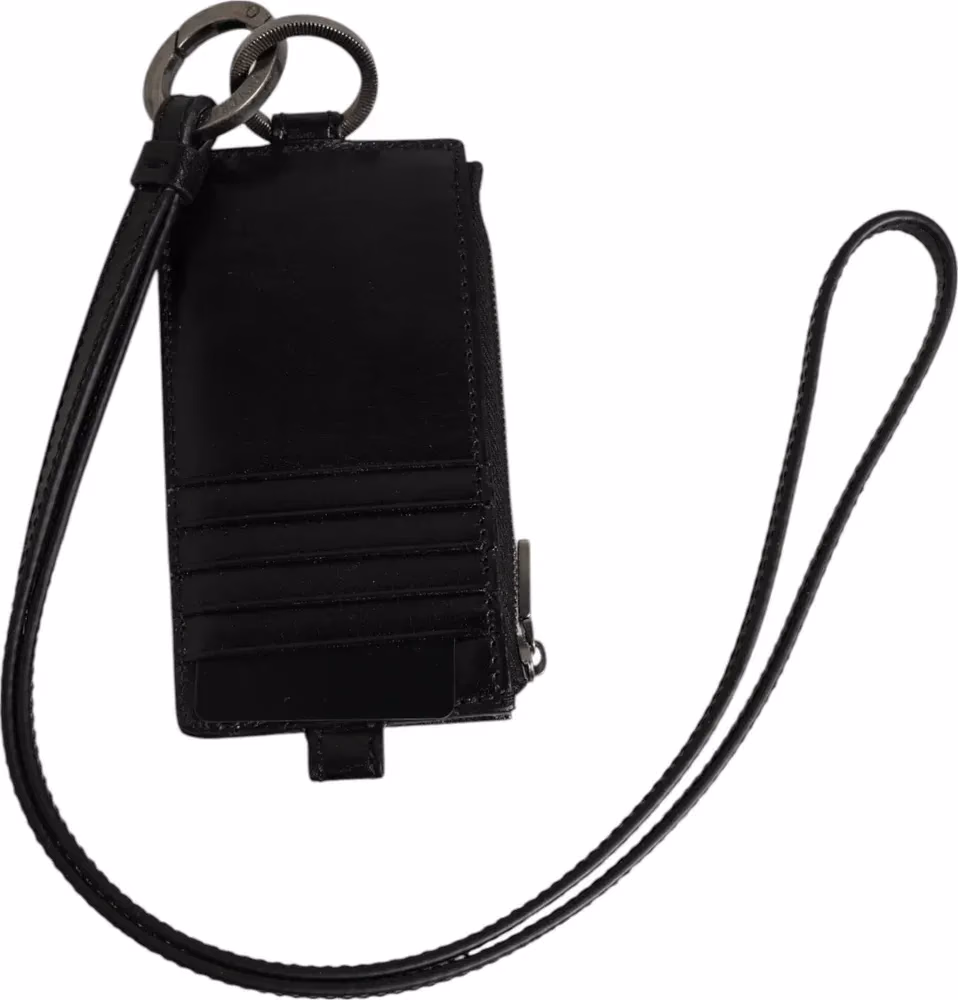 Dolce & Gabbana Black Leather Logo Embossed Lanyard Card Holder Wallet