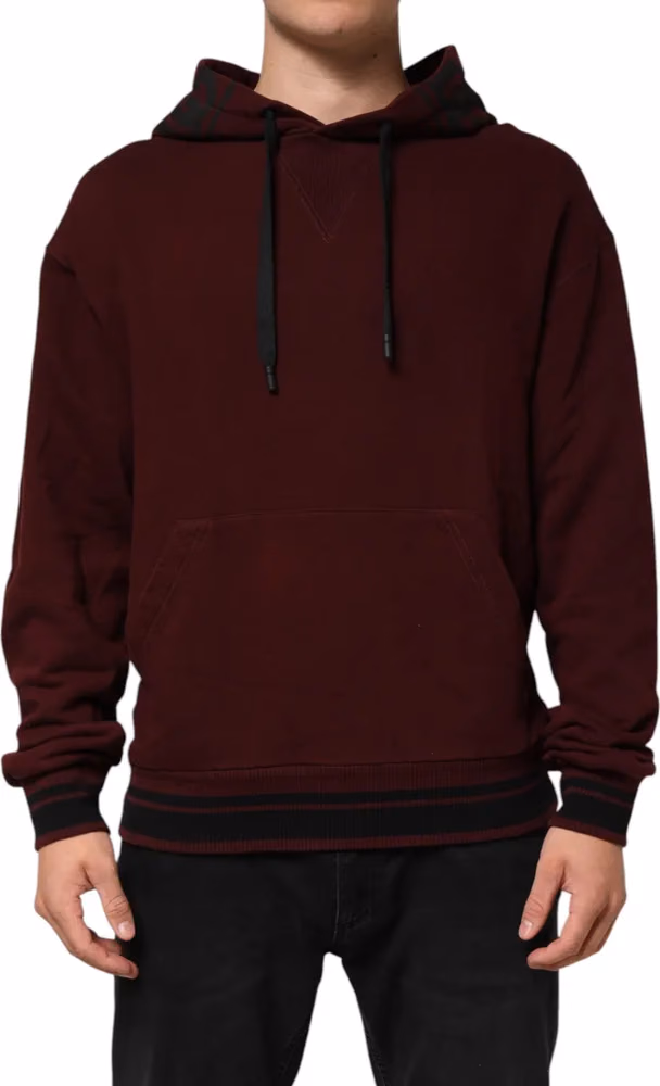 Dolce & Gabbana Burgundy Cotton Plaid Lined Men Hoodie Sweater