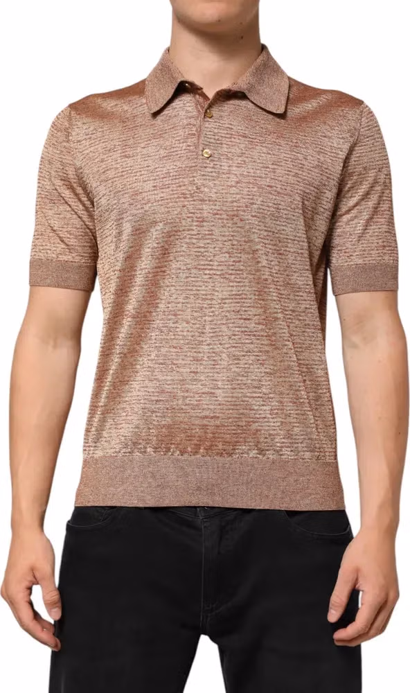 Dolce & Gabbana Brown Silk Textured Short Sleeve Polo T-shirt