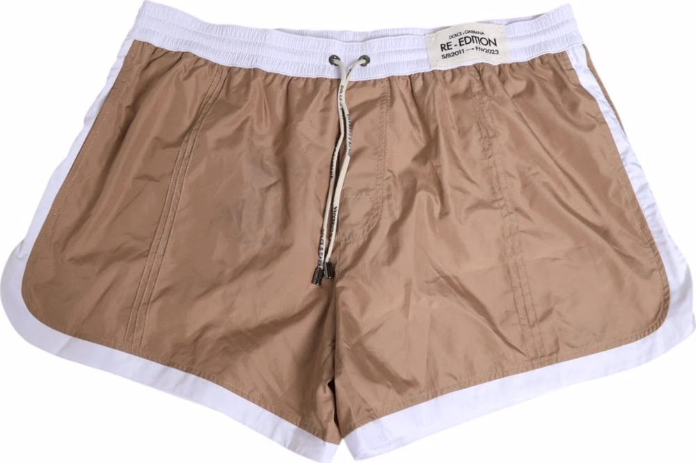 Dolce & Gabbana Brown White Polyester Re-Edition Shorts Swimwear