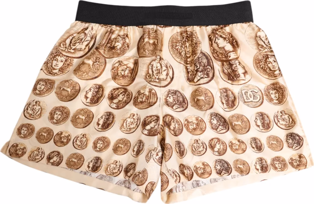 Dolce & Gabbana Brown Ancient Coin Print Silk Shorts Swimwear