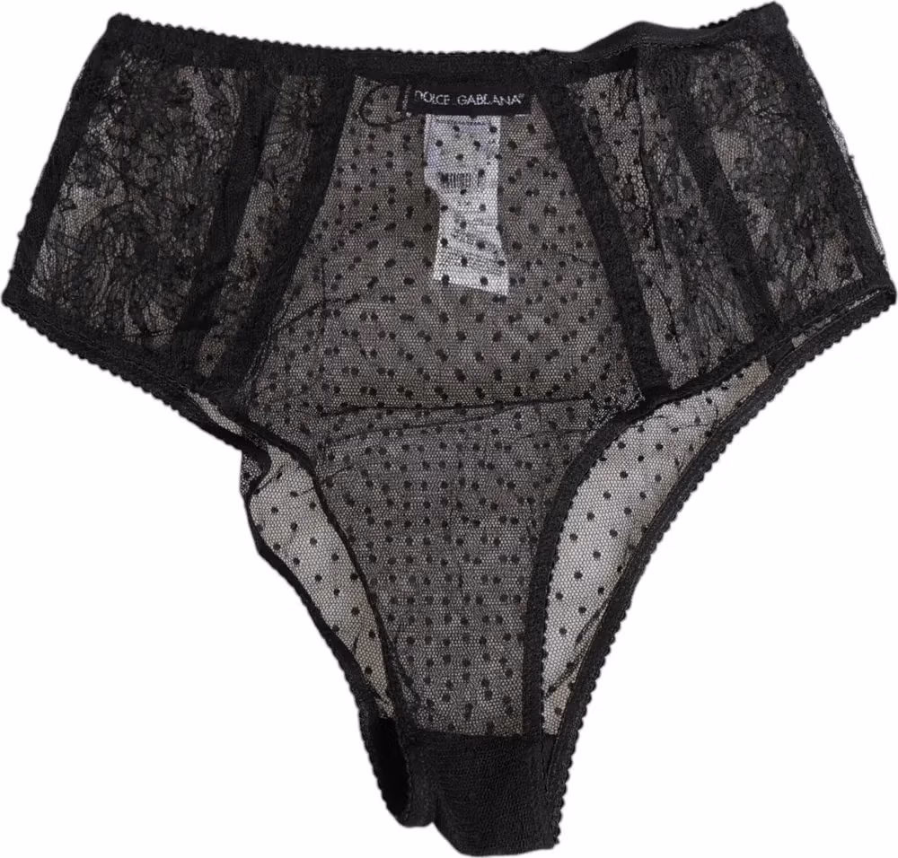 Dolce & Gabbana Black Lace Polka Dot Mesh High Waist Underwear
