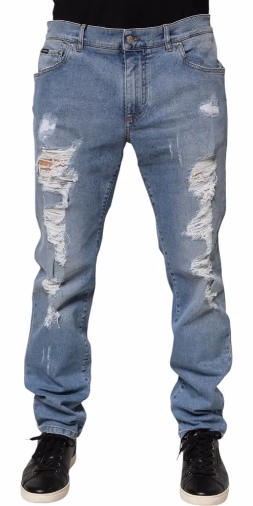 Dolce & Gabbana Blue Tattered Slim Fit Cotton Denim Jeans