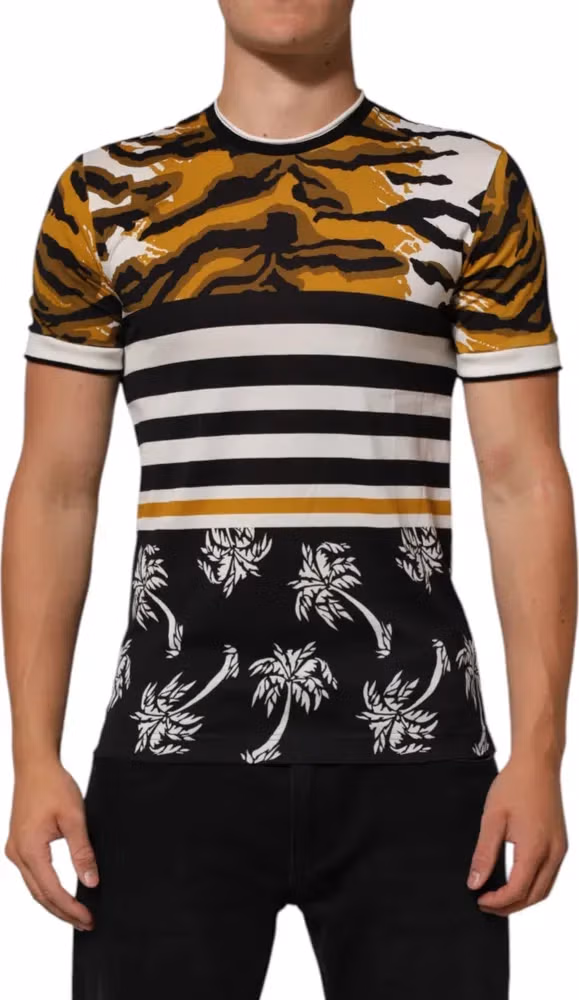 Dolce & Gabbana Multicolor Leopard Palm Leaf Men Crew Neck T-shirt