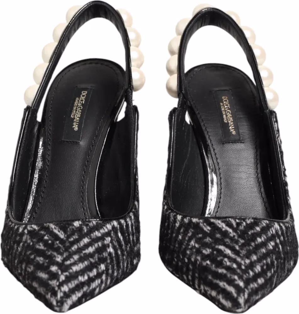 Dolce & Gabbana White Black Chevron Faux Pearl Slingbacks Shoes